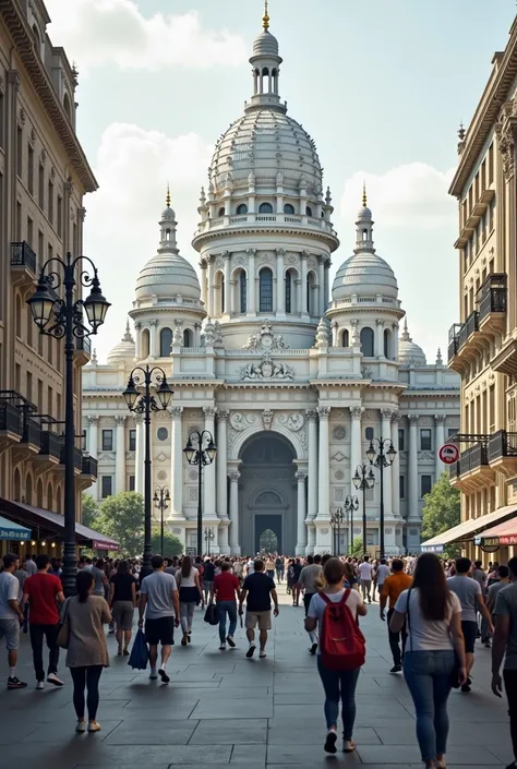 pedestrians walking down a city street in front of a large building, tourist destination, colour, in a city with a rich history, majestic masterpiece, top, building facing, masterpiece', streets of mumbai, majestic view, mumbai in the future, great masterp...