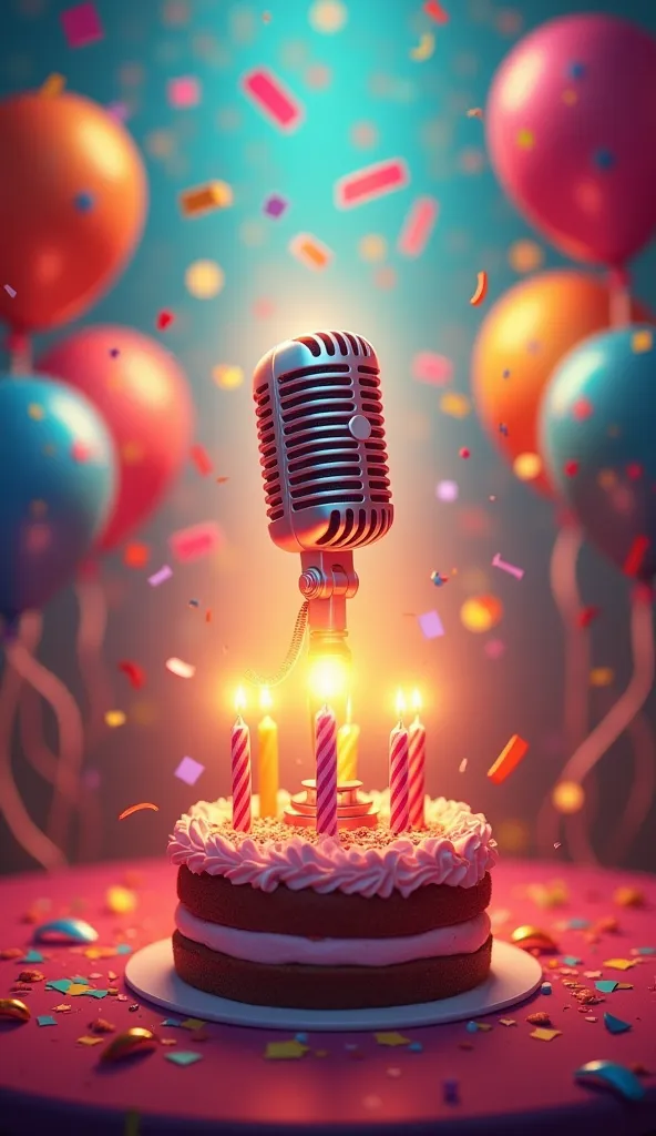 "Create a vibrant and festive image to invite the SBT Family to celebrate Pimentinha's birthday in the Starmaker's Singing Room. The scene should have a party atmosphere, with colorful balloons, confetti and a cake decorated.  in the center, represent a br...