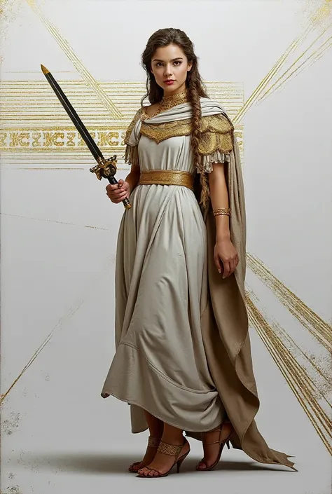 Made as a Roman style leather poster, with a Roman dress, a woman holding a sword. The color scheme is white and gold, but still Roman.