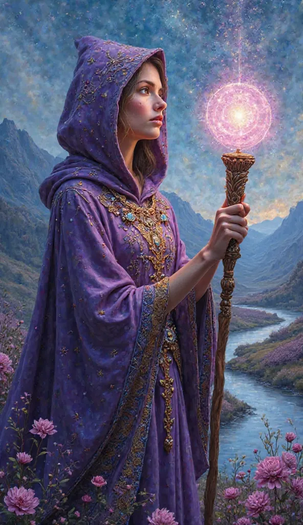 A highly detailed oil painting in the style *light fantasy*, with soft brushstrokes and rich texture, evoking a world of magic and enchantment. The scene portrays a magician wrapped in a deep purple cloak, adorned with gold and silver embroideries that for...