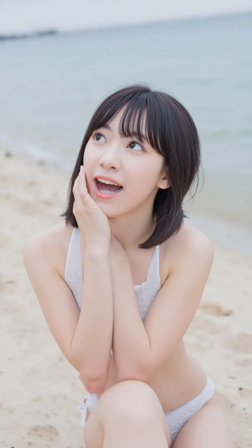 The high resolution photograph of a Japanese young woman kneeling on the shore, realistic, photo-realistic, masterpiece, amazing quality, intricate details, extremely detailed, solo, 1girl, short bob cut black hair, pale skin, snow-like skin, petite body, ...