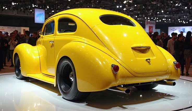 "A vibrant yellow retro-styled compact car with a curvy, vintage-inspired design, displayed at a modern auto show. The car features wide rear fenders, round taillights, a small rear window, and a dual exhaust system. The setting includes a glossy showroom ...