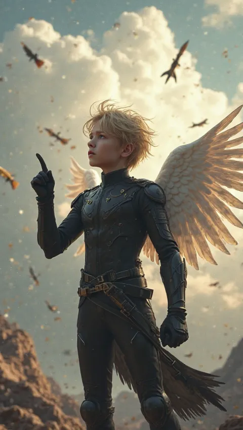 fantastic beauty、live-action、 perfect balance 、Hi-Res、16k、Clear Images、 Fantasy-like Reality 、Eight thick arrows fly at high speed over a thunderous high sky、A beautiful blond age boy in a tight black military uniform with white wings looking up and pointi...