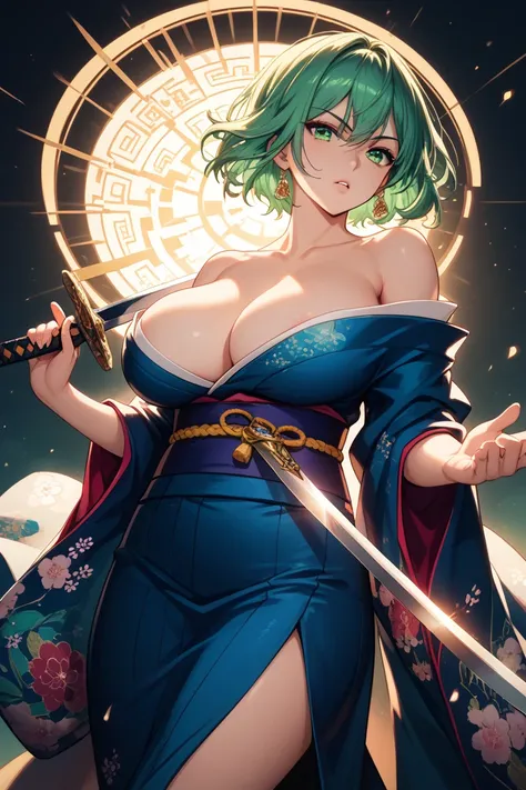 Full body, light green hair, kimono, huge breasts, sword sheath, Iai, heiken, short hair