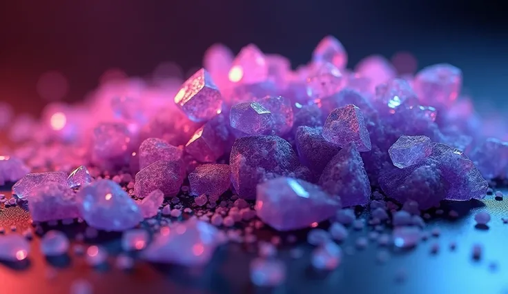 Extreme close-up of crushed amethyst dust sparkling under neon light, captured with a professional lens to highlight intricate textures and natural light diffusion.
