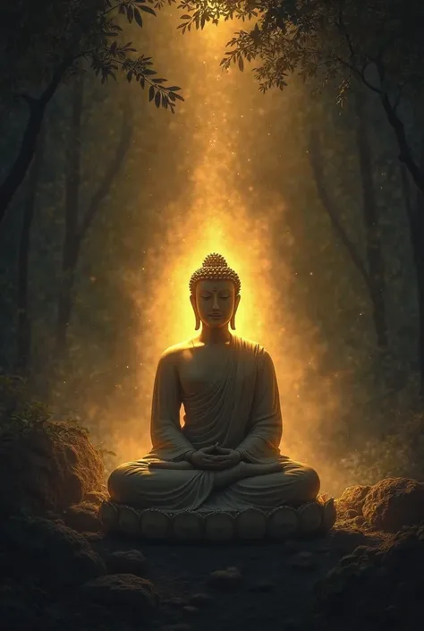 Buddha , sitting, night , golden light from buddha back ground , some tree , 