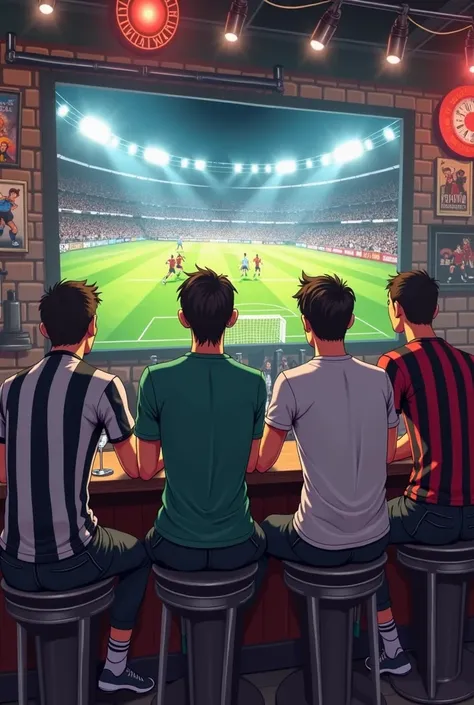 Happy friends with beer, watching a soccer game at a bar.Three with the black and white striped shirt, One with the green shirt, one with a white shirt and one with the black striped shirt, red and white. 