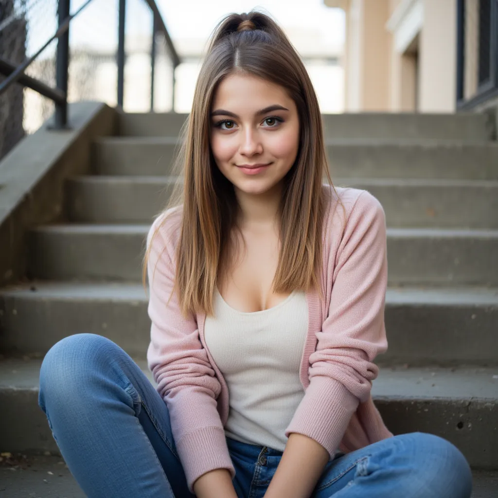 woman sitting on the stairs. Has a pink sweater on.a pair of jeans and sneakers.  She smiles slightly  ,  style photorealistic , ,  sharp focus, Background apartment blocks , daylight,  full body