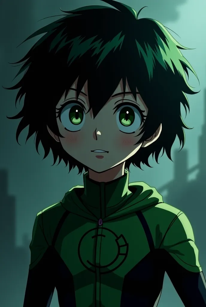  Boku No Hero Academia ,  18 year old girl, short, straight black hair with green highlights, green eyes wears a green and black superhero costume and is in a dark place after a battle while the wind is blowing