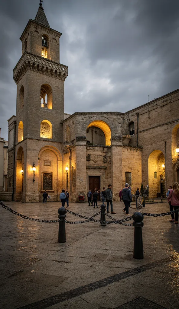 a historic Matera street with old wrought iron posts linked by a thick chain, detailed intricate chain, focus on chains, weathered posts, cobblestone pavement, old tuff brick buildings, warm lighting, gloomy overcast sky, moody atmospheric lighting, cinema...