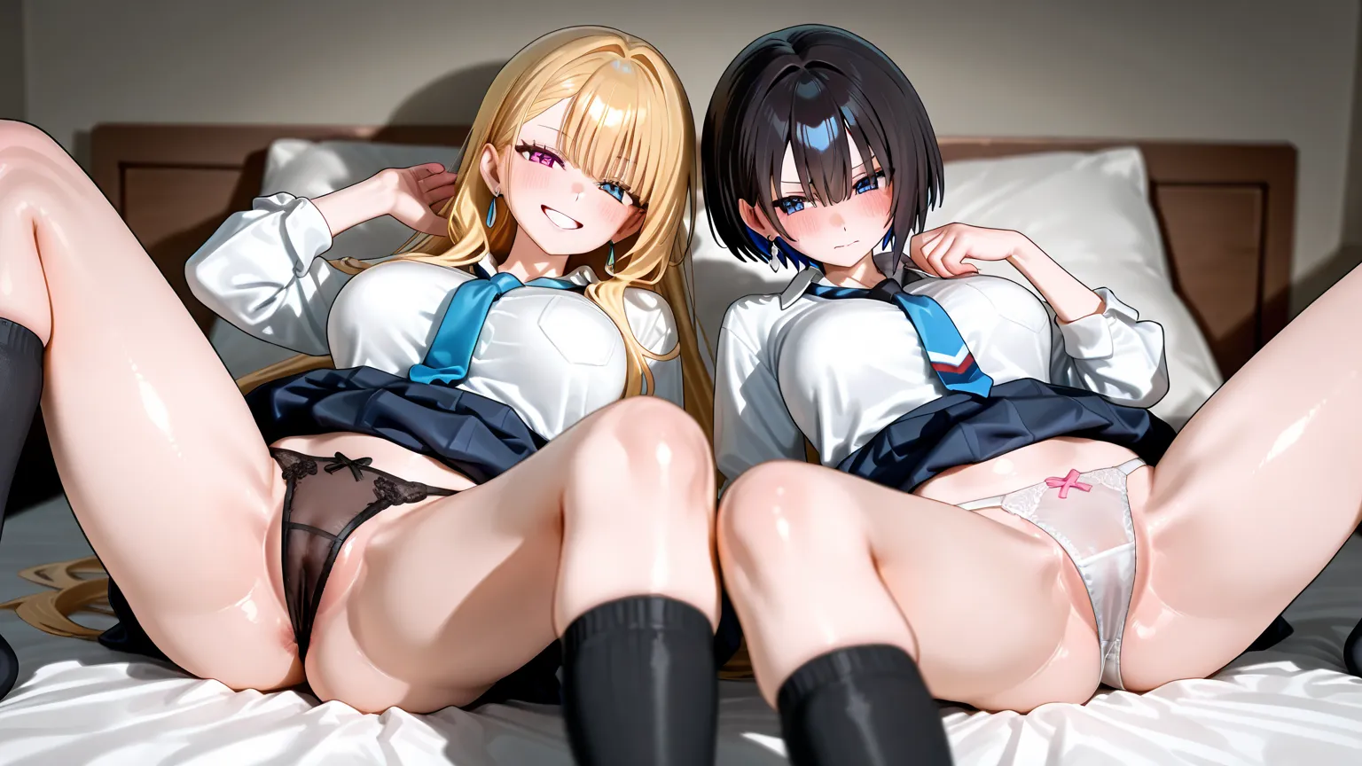 2 girls、 accurate human body structure 、8k,masterpiece, Best Quality,  Anime Girl ,  is exquisite and beautiful, when my earlobes were fueled 、  clear _picture、  vulgar、  adult woman in her 20s  、 Lewd woman 、 slim body、 is embarrassing、shy、（Girl 1、 in und...