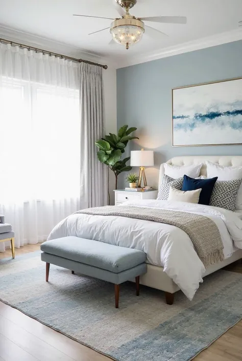 "Create a serene, modern, and cozy bedroom interior with the following details:  
- **Room Size:** 12 feet x 10 feet, with a standard ceiling height.  
- **Walls:** Soft, pale blue walls (Benjamin Moore 'Pale Smoke' or Sherwin-Williams 'Rain'), with one ac...