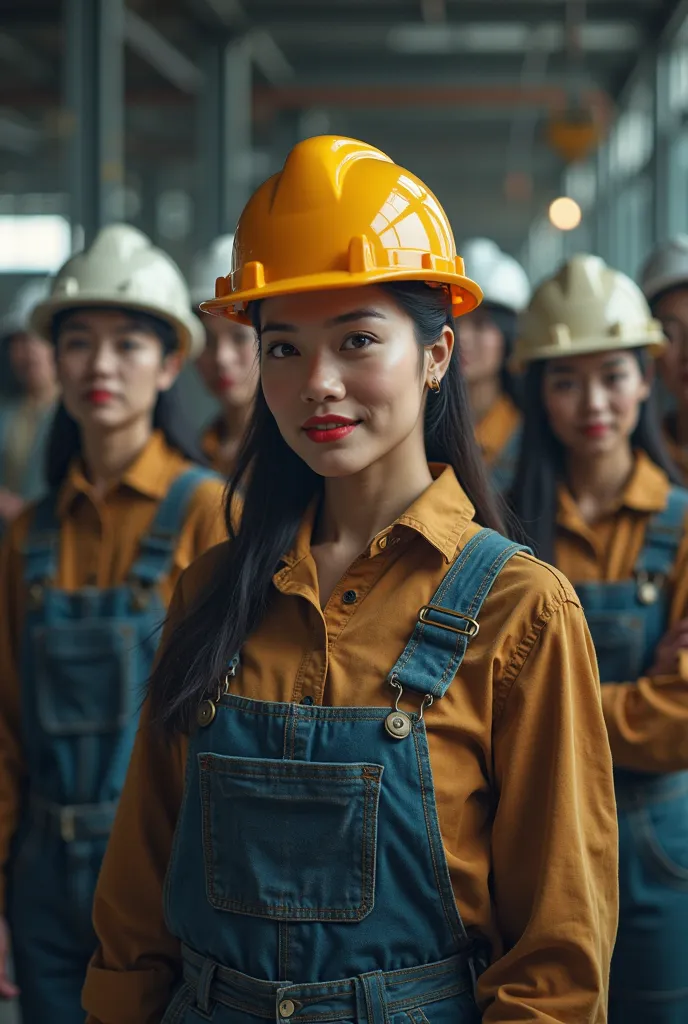 
a group of Asian women in hard hats and overalls standing in a factory, a portrait inspired by Charles Roka, shutterstock, realism, worksafe. instagram photo, in a factory, workers, industries, portrait shot, working clothes, hr, factory background, adver...