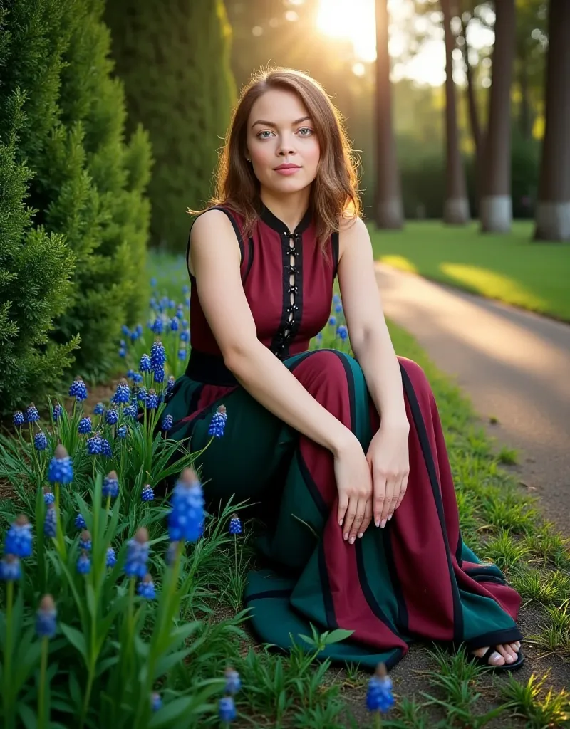 A candid yet refined photograph of a young woman with warm brown hair, slightly wavy at the ends, falling freely over her shoulders. She has expressive hazel-green eyes that add warmth and depth to her appearance.

She wears an eye-catching dress with a fi...