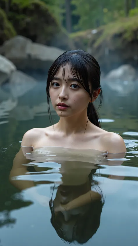 A high resolution photograph of a Japanese young woman bathing in a hot spring in a remote mountain area.
Her upper body is reflected in the hot spring water.
Her black hair is tied back.
A realistic photography with amazing quality, extremely detailed, in...