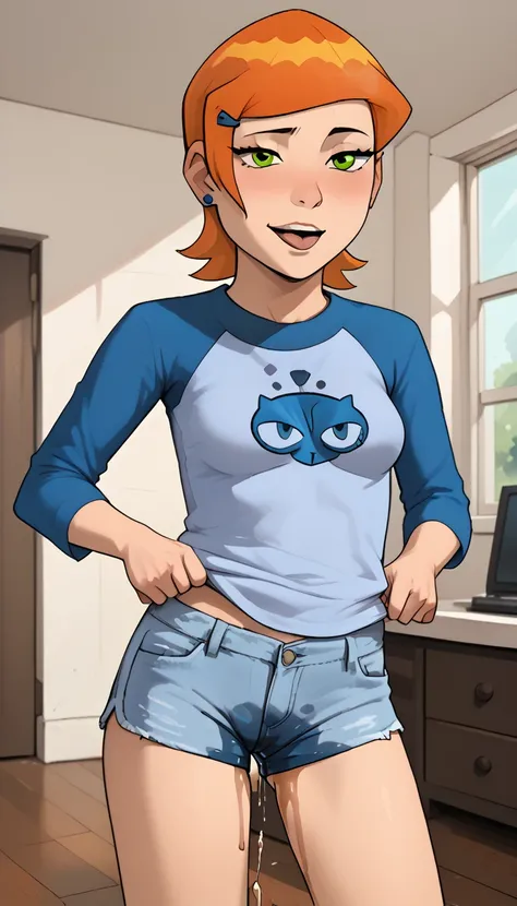 gwen, 1girl, solo, two-tone orange hair, short hair, long hair-bang, blue hairclip, blue stud earrings, green eyes, raglan sleeves, two-tone blue cat print shirt, medium breasts, peace sign, tilt your head, ahegao, cowboy shot, half-closed eyes, breasts sm...