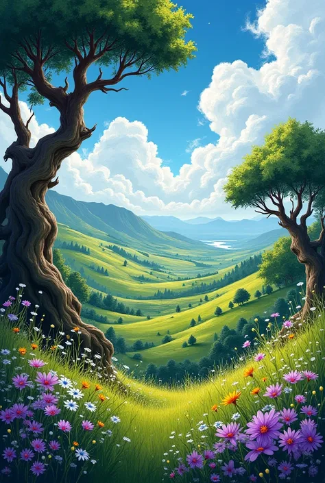 A vibrant, fantastical Irish landscape featuring rolling hills, trees, and swirling clouds.