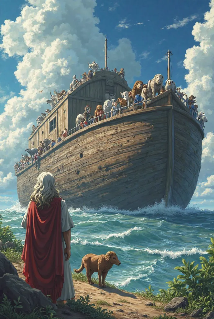 Noah standing near the Ark, looking at the horizon with a wise face.  on its side, iconic anime characters, dressed in styles characteristic of his series, interacting with each other and with the animals that board. The scene has a dramatic sky with heavy...