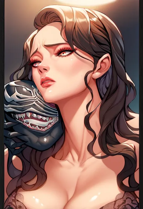 Exwife, cleavage, bangs, thin waist, wide hips, beautiful skin, clear golden yellow eyes, bright pupils, beautiful eyes, beautiful hair, beautiful long hair, sexy body, mature beauty, symbiote, venom