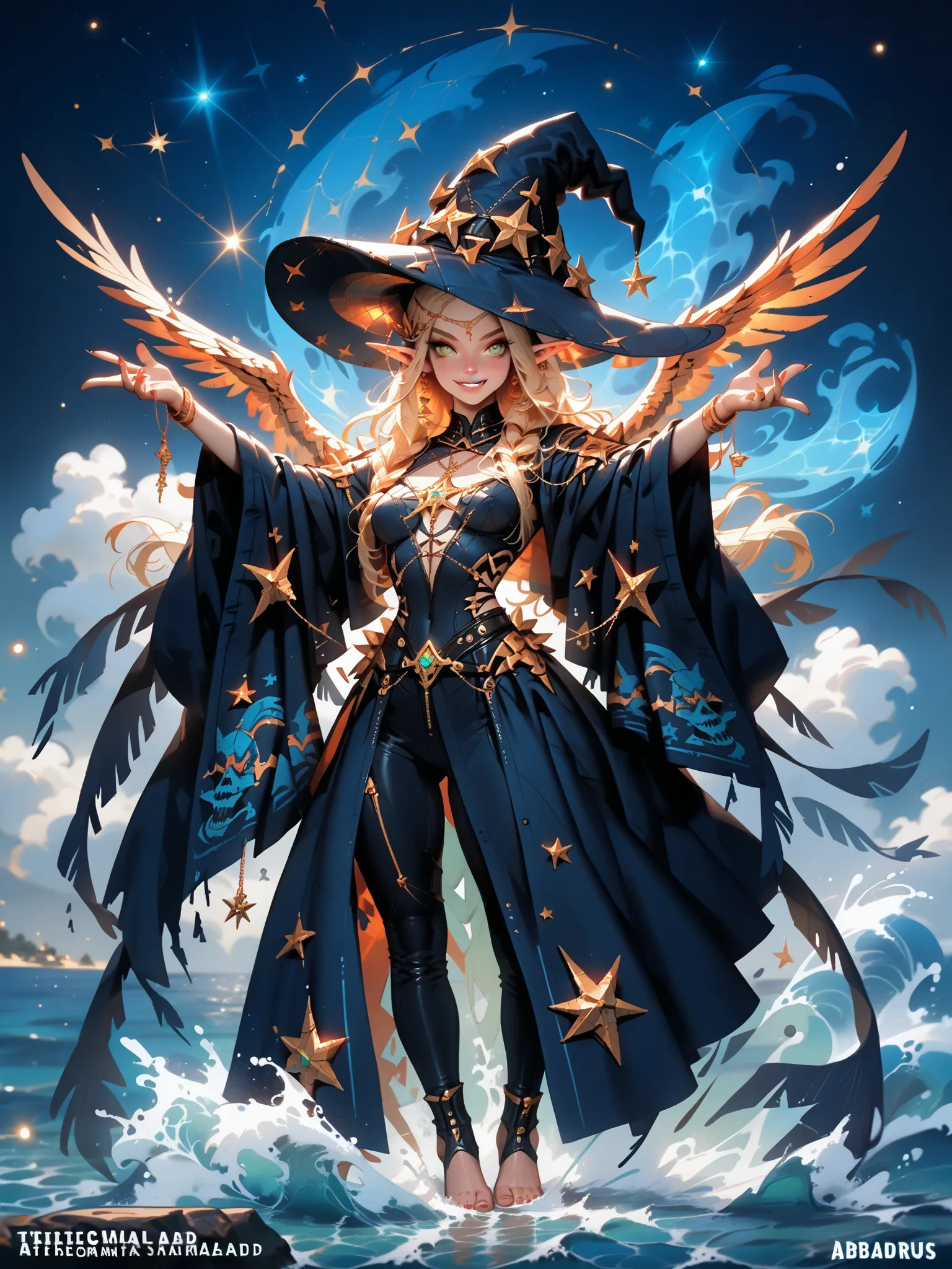  beautiful witch(don't seduce men smile,  Gold,elf ears,slender on the background,curved proportions),(from front, full body, look at viewer),(Spreading arms wide,Chanting a spell, water manipulation)。
Seductive wizard robe made of leather、 wizard hat ,。
b...