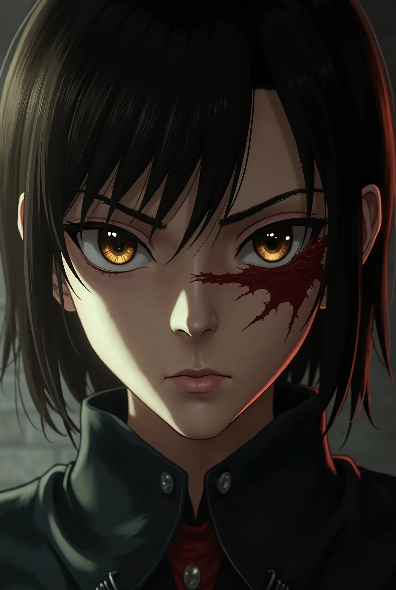 Hellsing screen cap of a very serious 20-year-old girl, short dark brown hair brushed on the right side, with brown eyes and with a large scar on her right eye, of determined attitude 