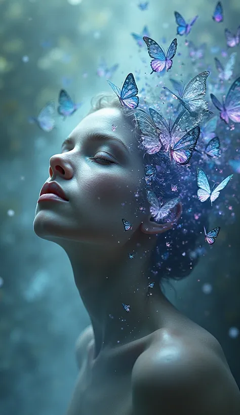 A human face dissolves in a whirlwind of translucent butterflies, each reflecting hypnotic fractal patterns. Butterfly wings glow in shades of blue, purple and green, as they disperse in the air."