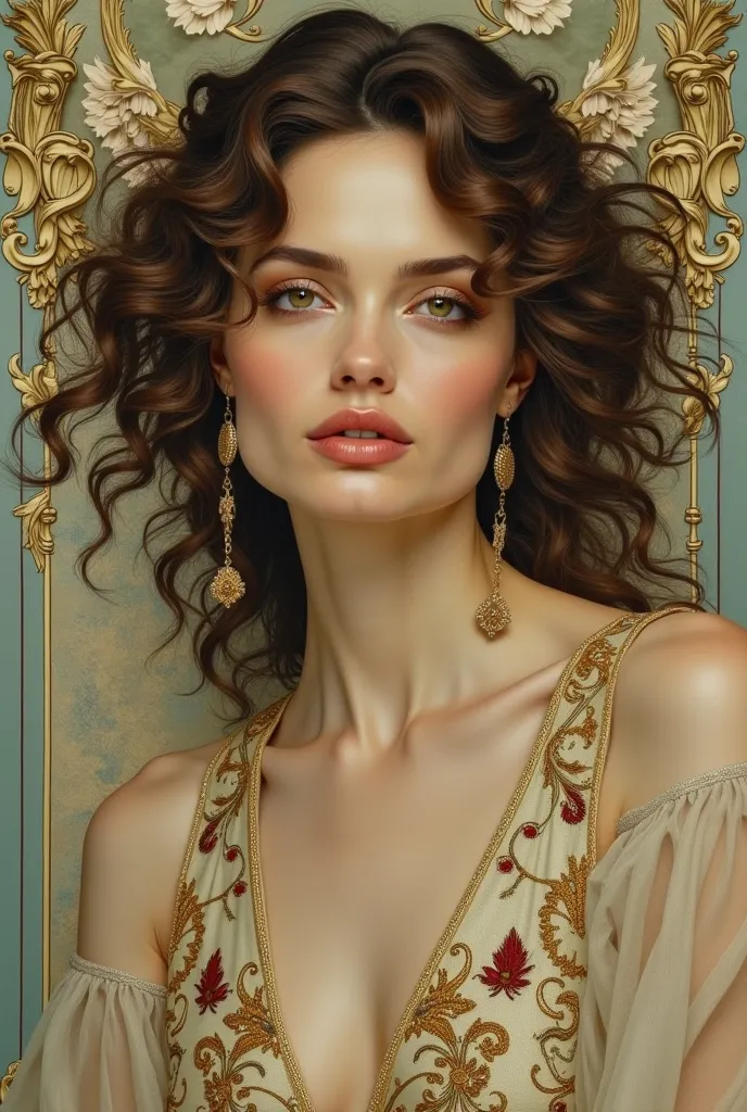 Angelina Jolie Create a painting in the style of Alphonse Mucha, featuring the iconic goddess Kybele as the central figure, adorned in flowing, ornate robes with intricate patterns and curved lines reminiscent of Art Nouveau, set against a dreamy, ethereal...