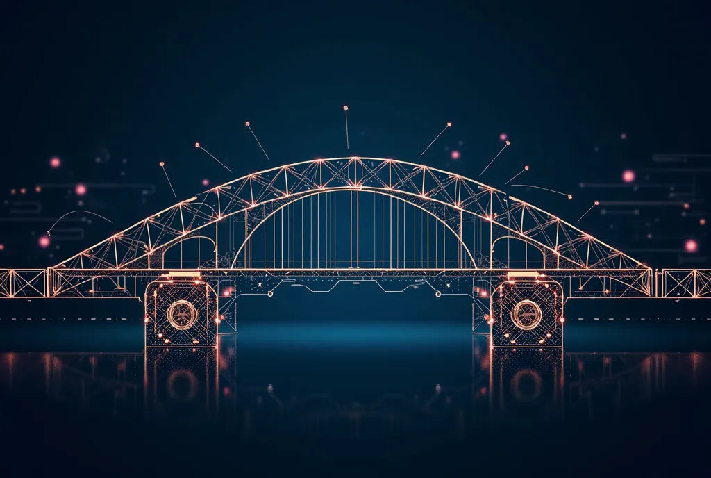 A stylized bridge structure made of interwoven circuit lines and nodes that seamlessly transition into gears at both ends, symbolizing the fusion of engineering and ICT. The bridge should look like it's made from digital connections, with glowing data line...