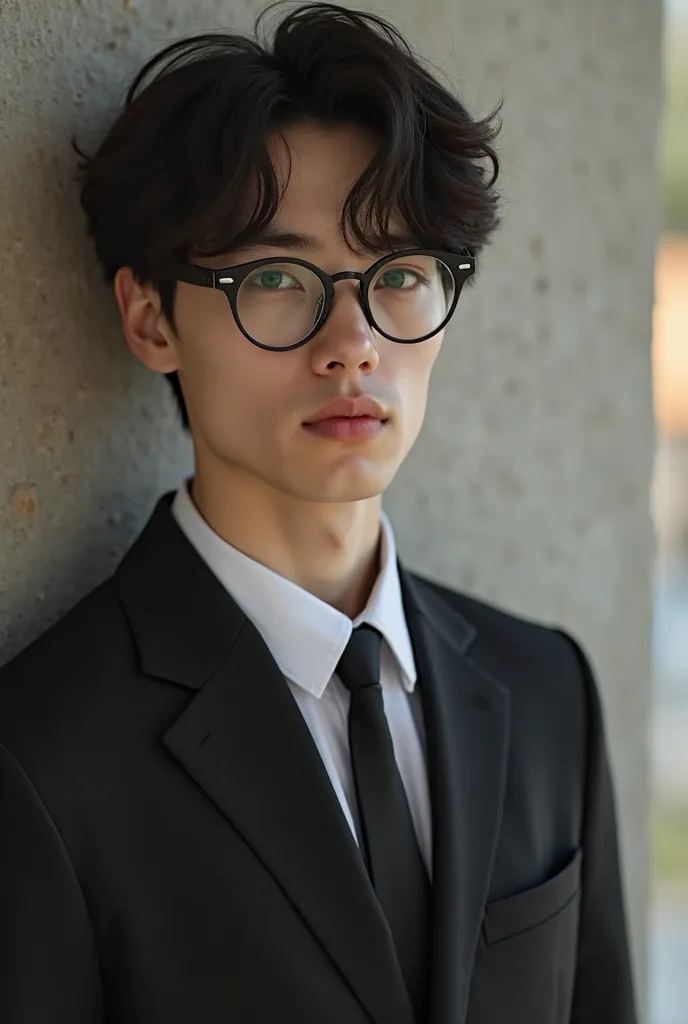 there is a man wearing glasses and a suit leaning against a wall, androgynous person, androgynous, androgyny, androgynous male, beautiful androgynous prince, in suit with black glasses, portrait androgynous girl, delicate androgynous prince, around 1 , wea...