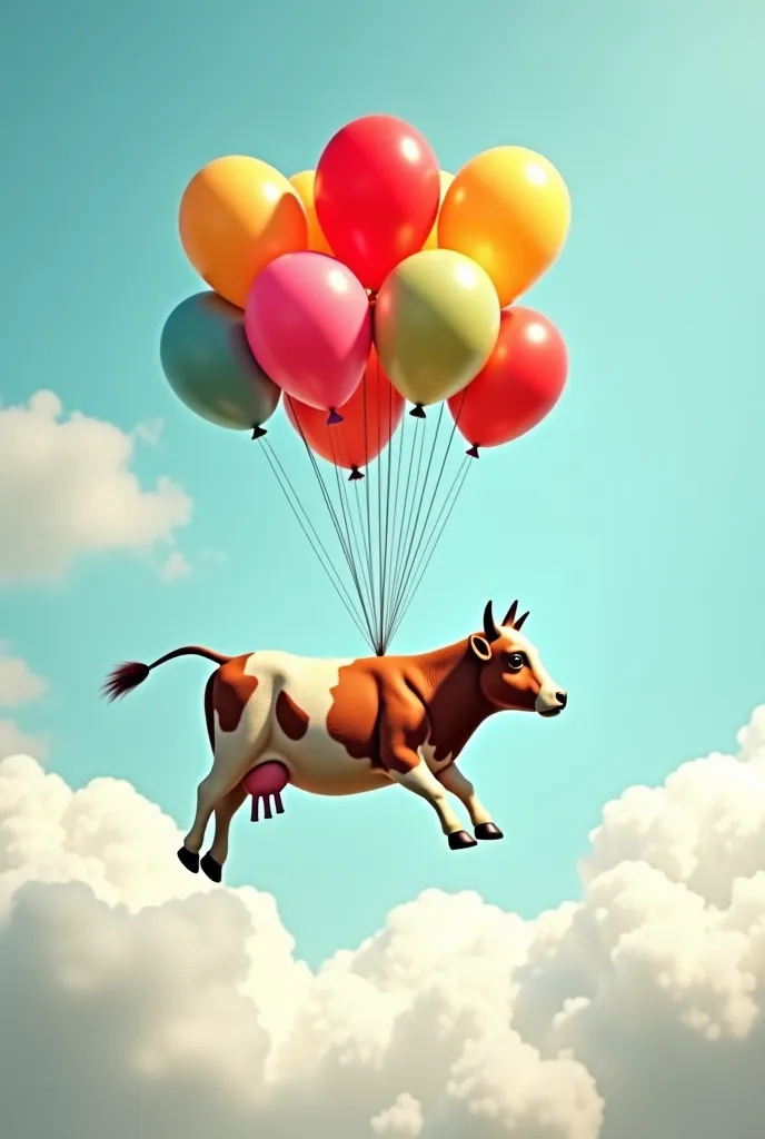 A cow flying with lots of balloons in the clouds