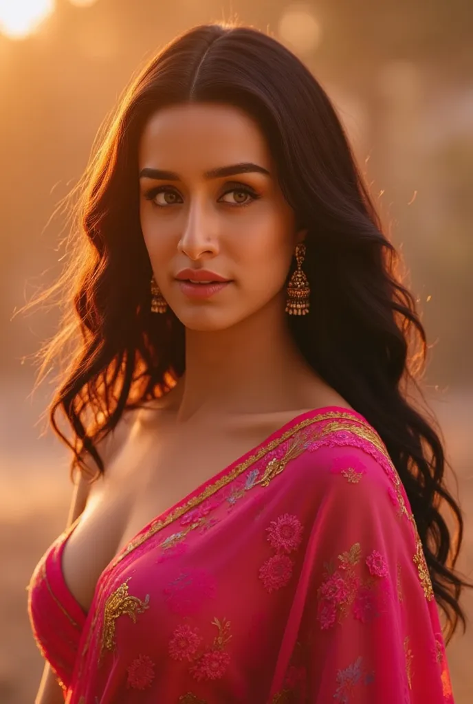 a glamorous shraddha , chiffon saree, beautiful detailed eyes, beautiful detailed lips, extremely detailed face, long eyelashes, elegant pose, graceful movement, golden hour lighting, cinematic, dramatic, glowing skin, ethereal, dreamlike, high fashion, ed...