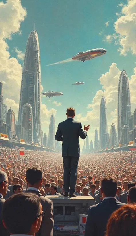 John F. Kennedy speaking at a futuristic rally, with flying cars and modern skyscrapers in the background. Retro-futuristic style, vibrant colors, optimistic atmosphere.