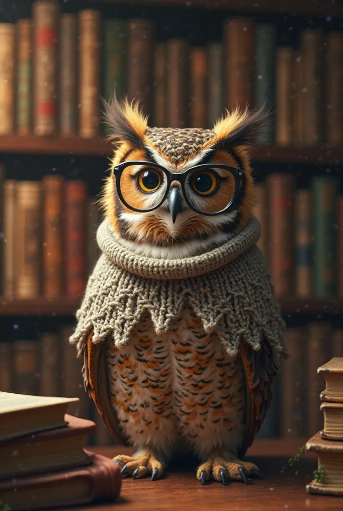 An owl with glasses and a shawl on her shoulders, A bit of a librarian