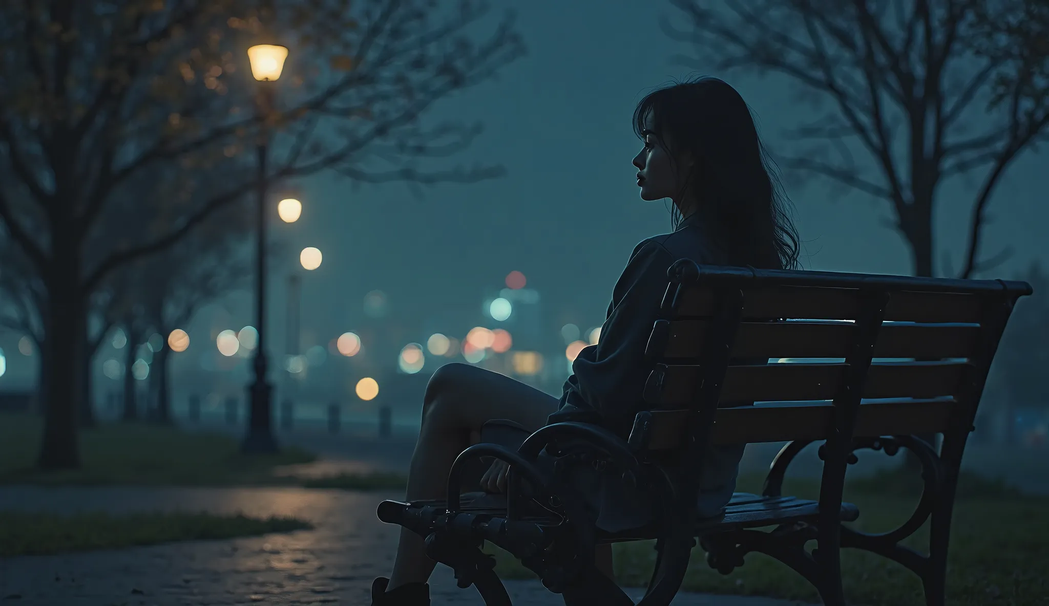 "A picture of a young woman sitting alone on a park bench at night. Her eyes reflect sadness and longing. The sky has lights from a distant city, but all around her is empty. A gentle breeze blows, her hair flutters, as if she is waiting for someone who wi...