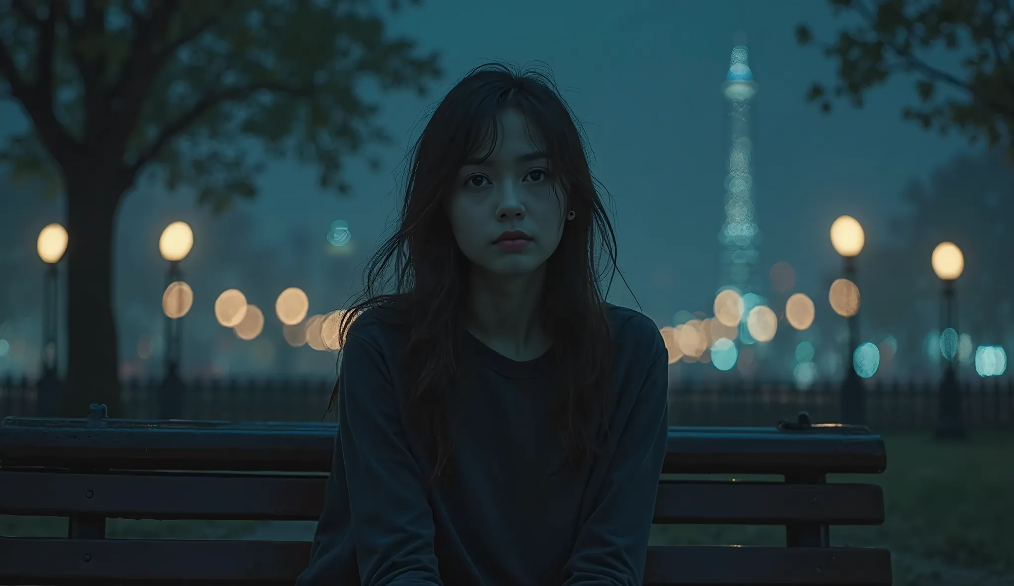 "A picture of a young woman sitting alone on a park bench at night. Her eyes reflect sadness and longing. The sky has lights from a distant city, but all around her is empty. A gentle breeze blows, her hair flutters, as if she is waiting for someone who wi...