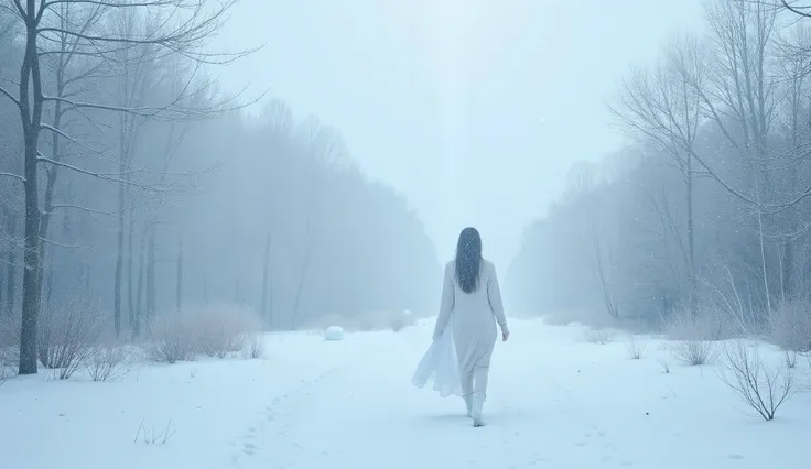 Create a cold, dreamy background image with a mix of icy tones like pale blues, whites, and silvers. Feature a lone figure standing in a snowy landscape, symbolizing isolation and heartbreak, with falling snowflakes or frost-covered trees to evoke the wint...