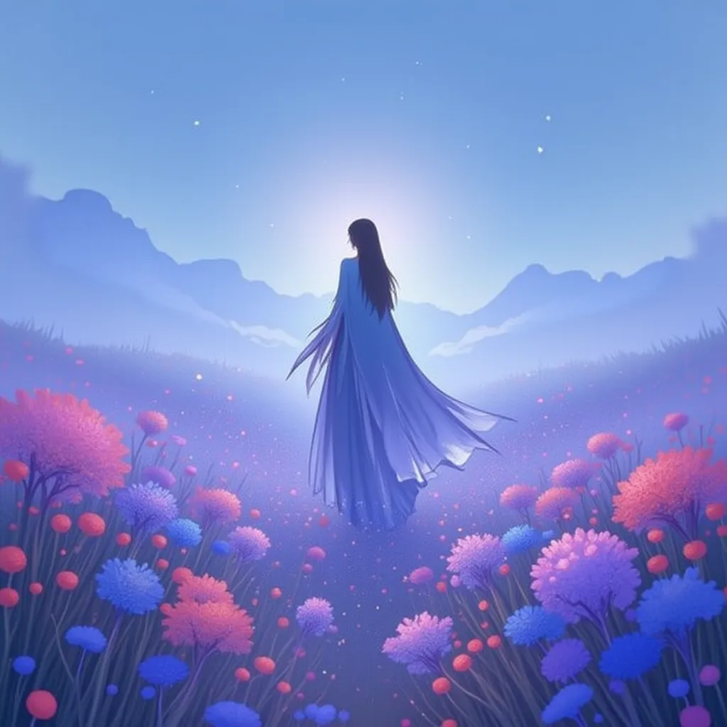 a painting or a digital artwork, characterized by its vivid colors and soft, flowing lines. It depicts a woman standing in a field of flowers, with her back turned to the viewer. The sky is painted in shades of blue and purple, suggesting either dawn or du...