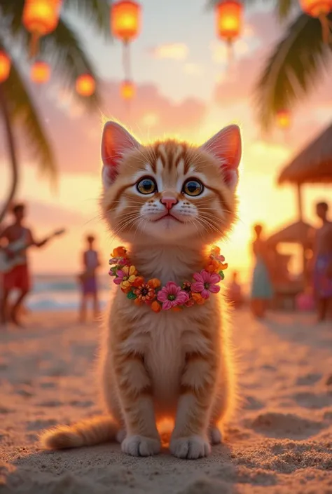 A highly detailed, ultra-realistic kitten standing firmly in a confident pose, full of excitement, as if enjoying a festival atmosphere. The kitten faces forward with bright, expressive eyes filled with joy. Its fur is soft, fluffy, and well-groomed, with ...