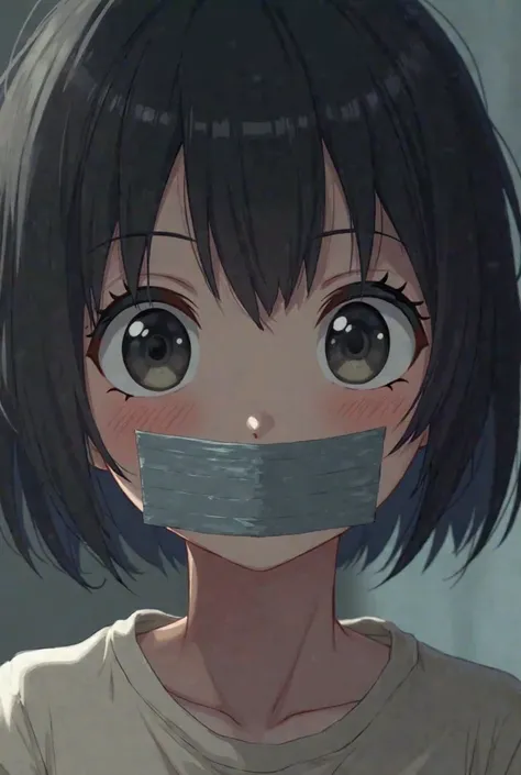 A close up of Frisk, the anime-style girl from Undertale, with a piece of gray adhesive tape stuck to her mouth 