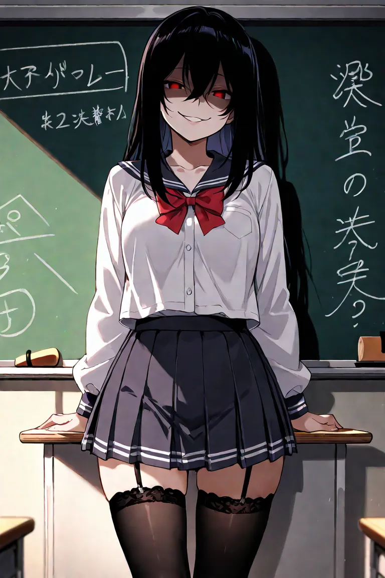 transfer student, evil mischievious smile, school uniform, pleated skirt, classroom, standing in front of chalkboard, thighhigh stockings, high detail, dark theme, masterpiece, eyes in shadow, foreign name written on chalkboard, 