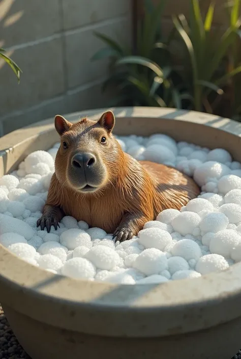 A capybara inside a basin with ultra realistic foam 