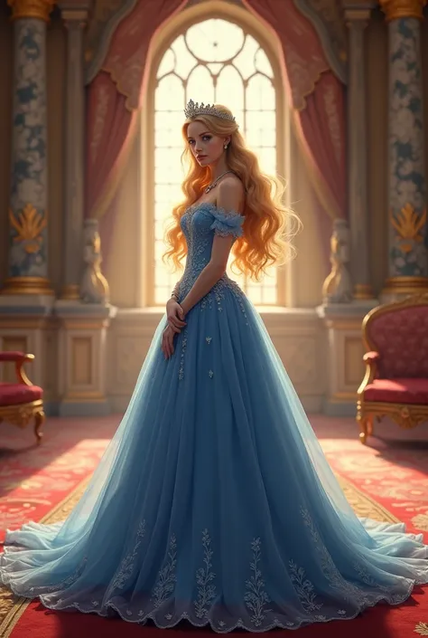 Please show a princess wearing a blue gown inside her castle 