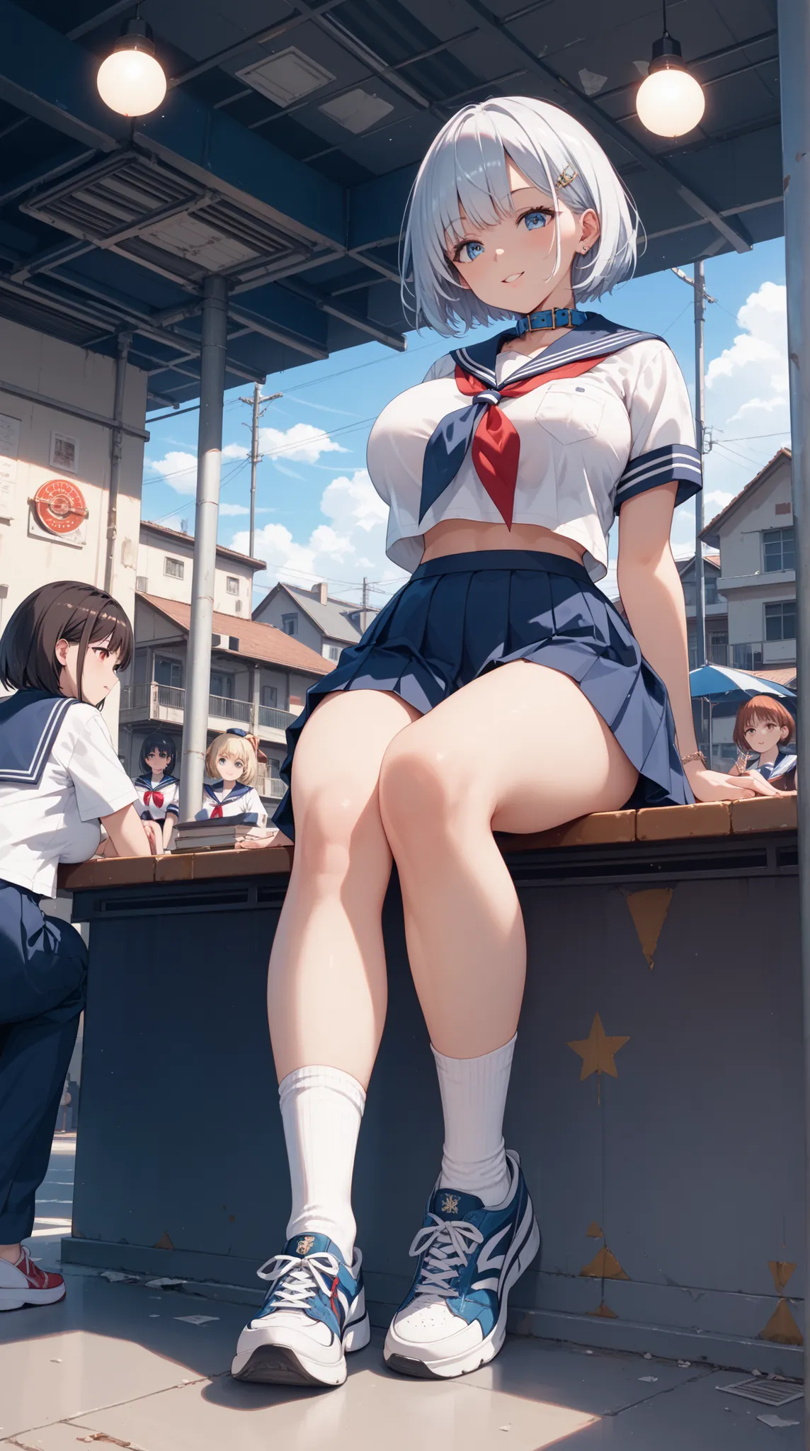 sailor suit,  Short sleeve,   red ribbon, white ,   navy blue collar   , High School Girls, big breasts , Big success on abandoned street corners, schools, miniskirt, big breasts, ceiling, feet, sneakers, knee-high socks ,   short hair ,綺麗なfeet