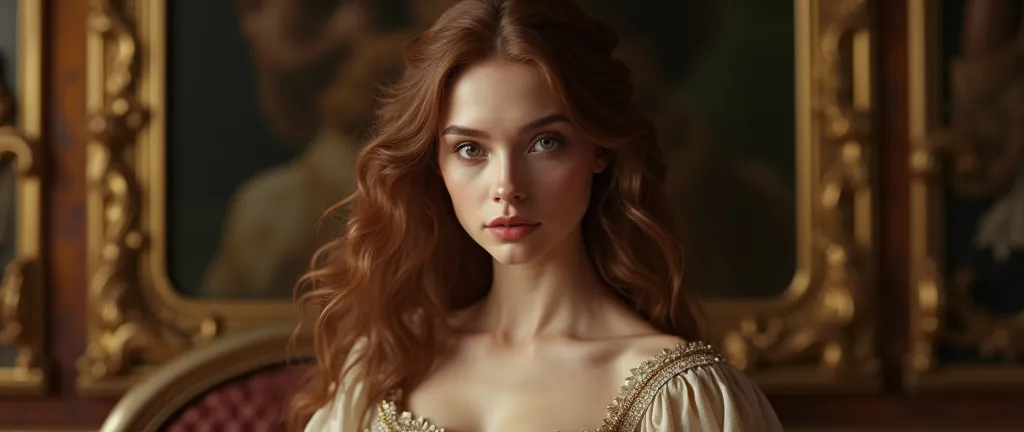 stock photograph, hyperdetailed, hyperrealism, detailed portrait of a refined, aristocratic woman, elegant facial features, piercing gaze, porcelain skin, flowing chestnut hair, serene expression, ornate baroque dress, opulent background, dramatic lighting...