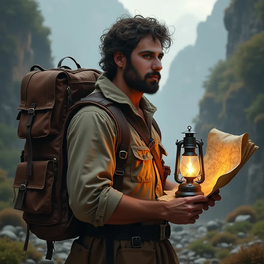 He wears exploration clothes and carries a map and a lantern and his face is visible