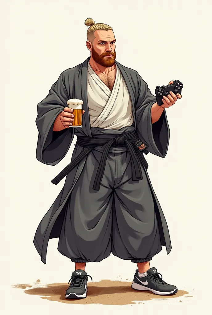 Créé moi un dessin  style manga , d'un homme de 43 ans barbu  assez svelte, blond, un peu ado, avec un kimono de karaté et une ceinture noire, il tient une manette de console de jeux dans une main et une bière dans l'autre main, aux pieds, il porte des cha...