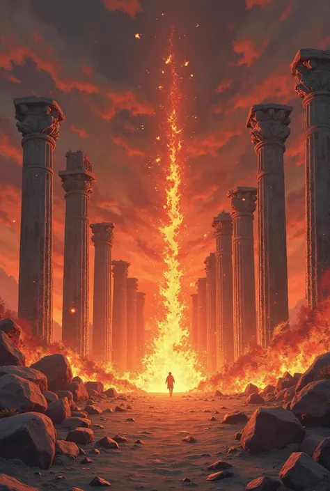 anime style destruction of ancient pillars from ancient civilization no people just the pillars and fire all around and some infrastructures that are broken and burned down make it more anime style and not realistic