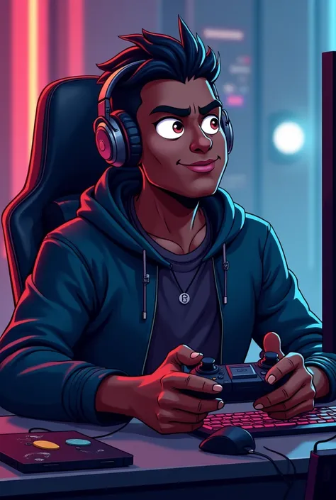 Create a black, gamer-style character, with his head back in a cartoon style and a video game controller in his hand. He's sitting in front of his computer, wearing headphones.