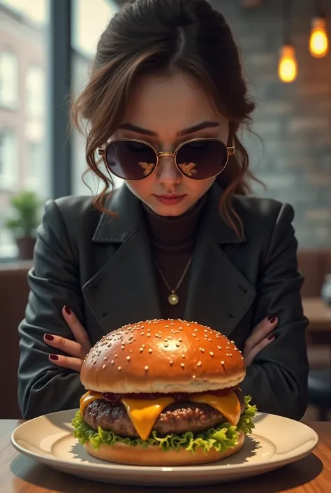 A  girl with dark glasses disgusted by a delicious hamburger  