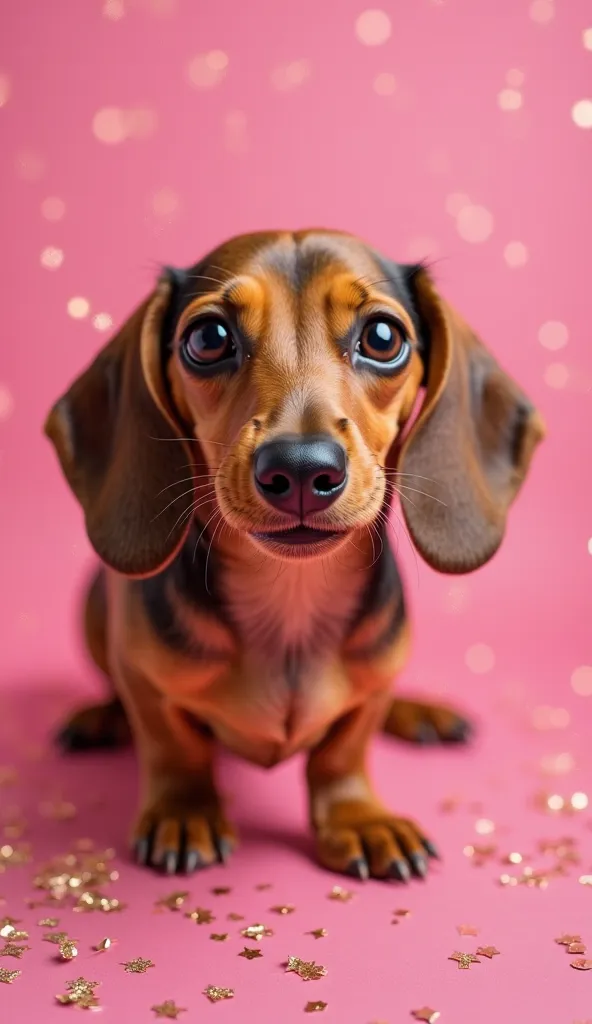  dachshund 　Close-up image　girls　pink background　 glitter